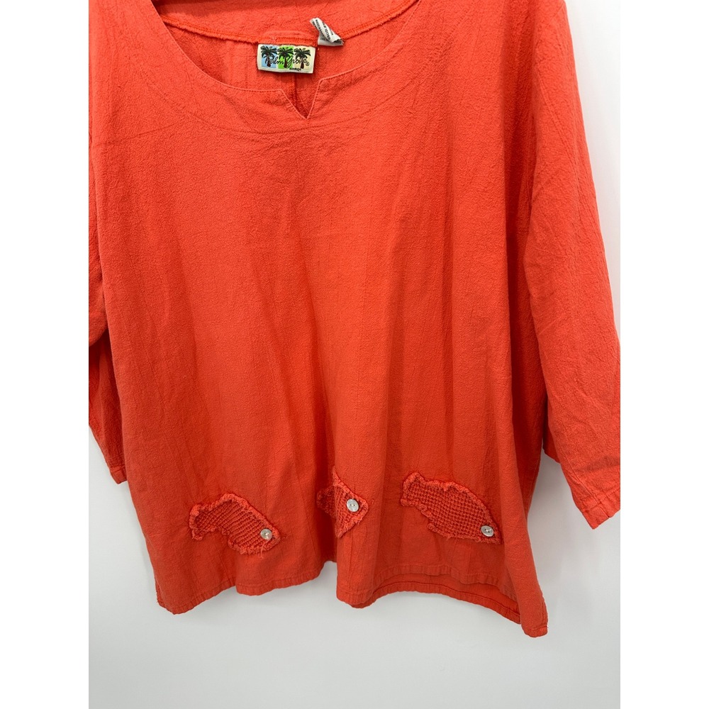 Lagenlook Woman 3X Coral Orange Cotton Tunic Crochet Fish Applique 3/4 Sleeve - Picture 4 of 6